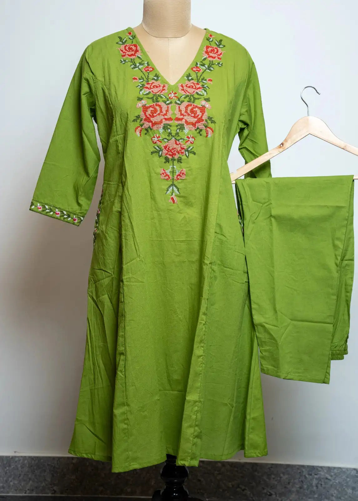Neon Green Cotton A-Line Kurta Pant Set with Floral V-Neck Embroidery