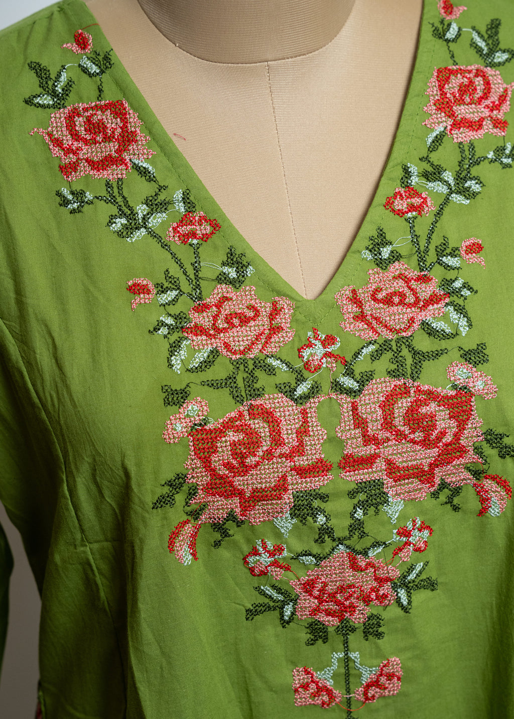 Neon Green Cotton A-Line Kurta Pant Set with Floral V-Neck Embroidery"