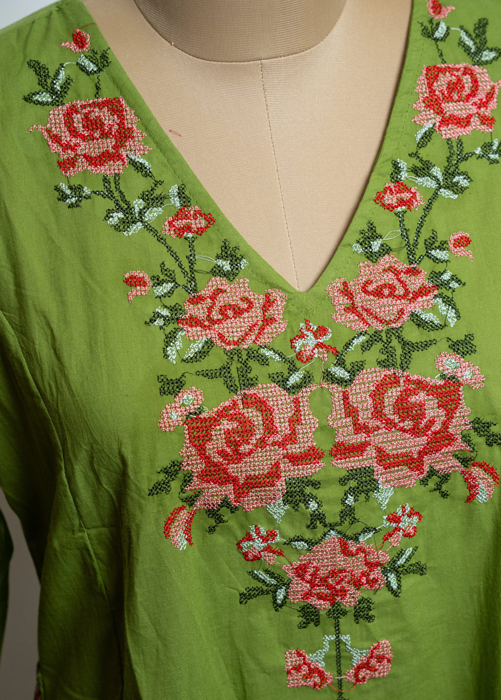 Neon Green Cotton A-Line Kurta Pant Set with Floral V-Neck Embroidery