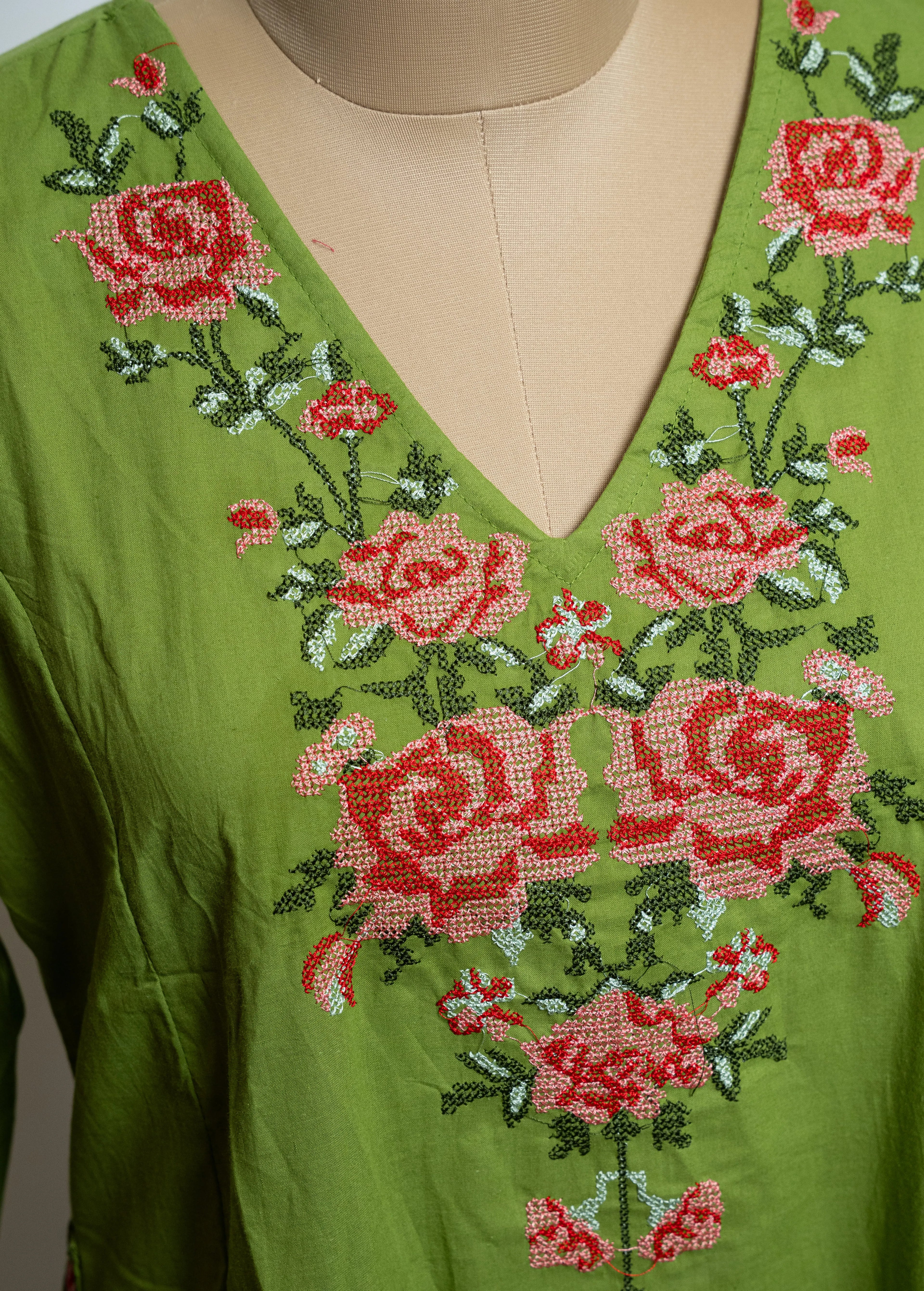 Neon Green Cotton A-Line Kurta Pant Set with Floral V-Neck Embroidery
