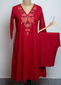 MAROON  Cotton A-Line Kurta Pant Set with Floral V-Neck Embroidery"
