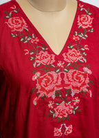 MAROON  Cotton A-Line Kurta Pant Set with Floral V-Neck Embroidery"