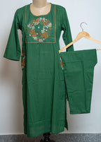 DARK GREEN COTTON STRAIGHT COTTON KURTA PANT SET WITH FLORAL EMBROIDERY