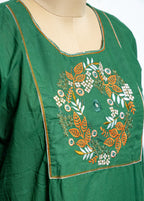 DARK GREEN COTTON STRAIGHT COTTON KURTA PANT SET WITH FLORAL EMBROIDERY