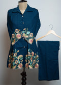 DARK BLUE COTTON STRAIGHT CO-ORD  SET WITH FLORAL CUTWORK EMBROIDERY ON SLEEVES AND HEMPART