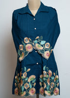 DARK BLUE COTTON STRAIGHT CO-ORD  SET WITH FLORAL CUTWORK EMBROIDERY ON SLEEVES AND HEMPART