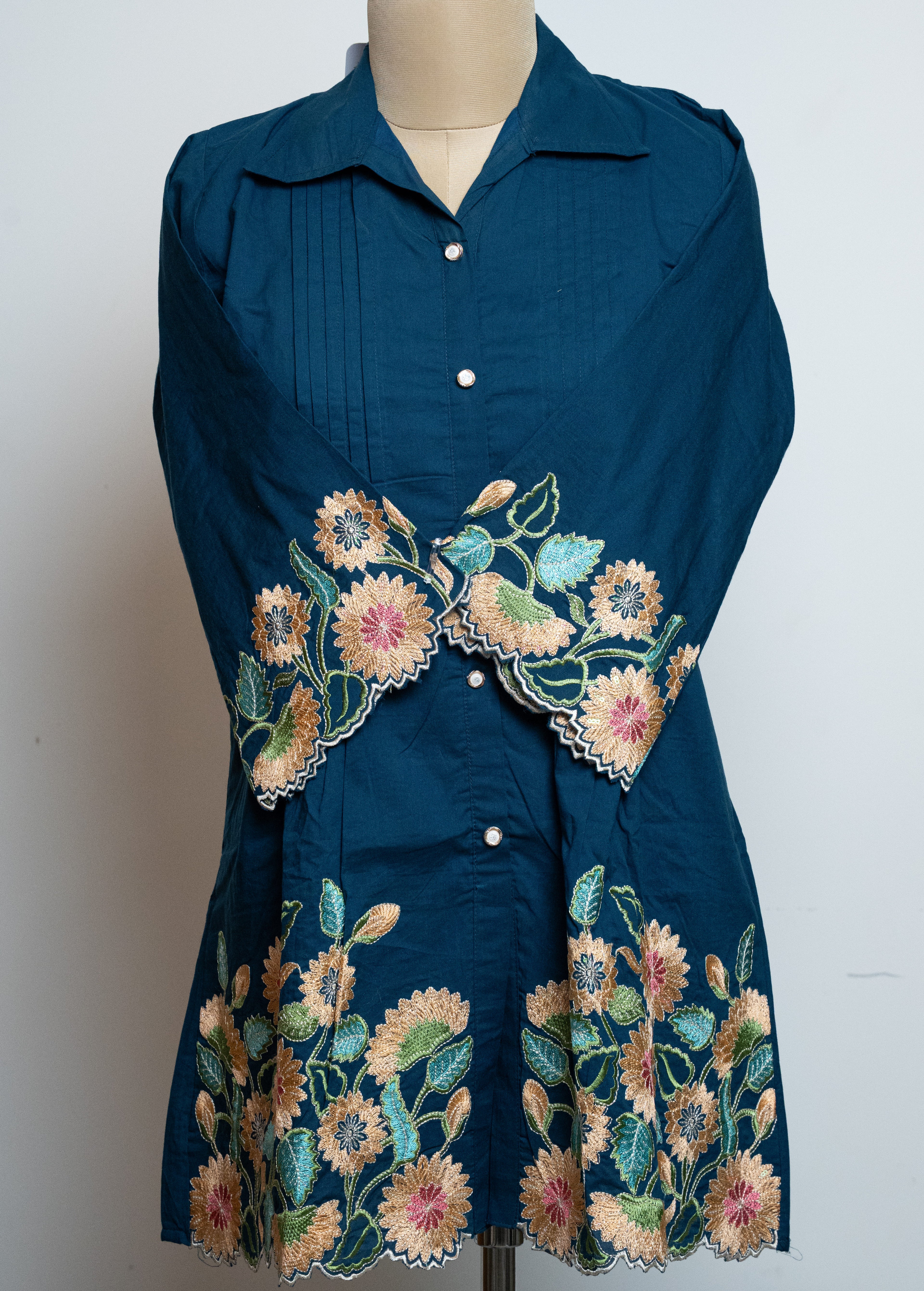 DARK BLUE COTTON STRAIGHT CO-ORD  SET WITH FLORAL CUTWORK EMBROIDERY ON SLEEVES AND HEMPART