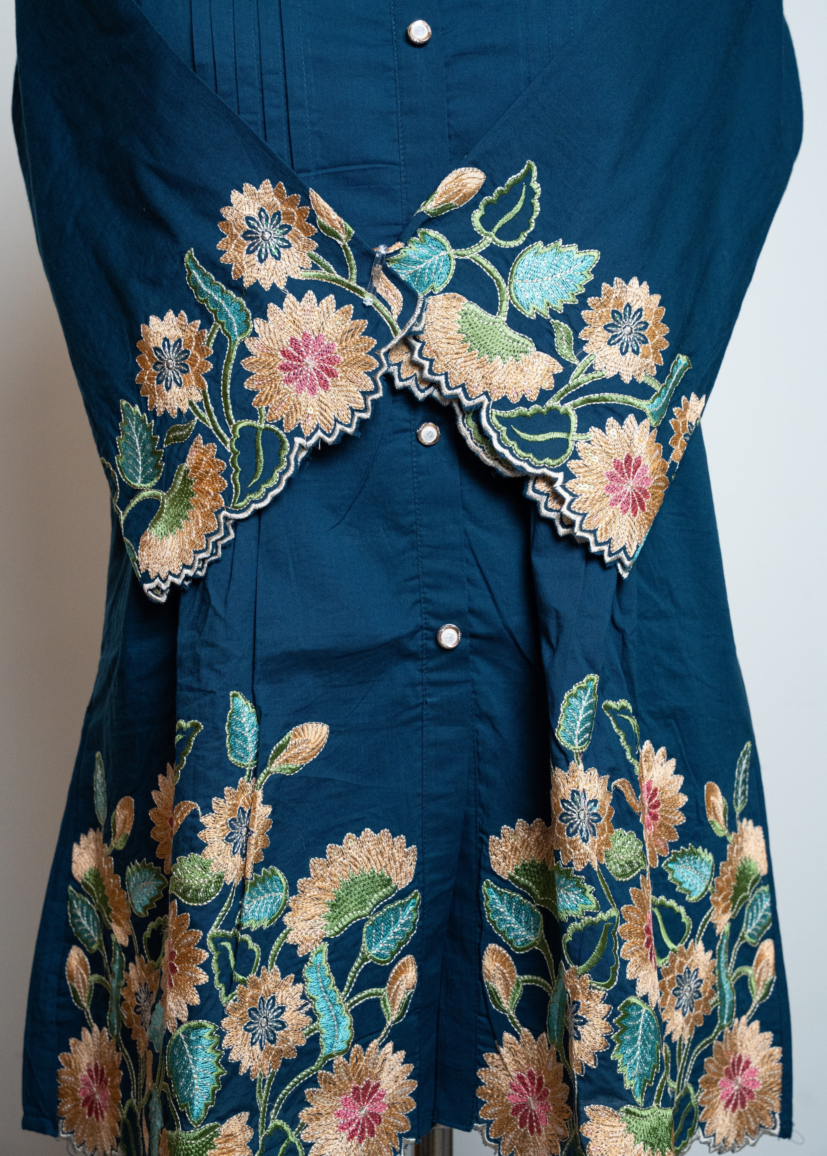 DARK BLUE COTTON STRAIGHT CO-ORD  SET WITH FLORAL CUTWORK EMBROIDERY ON SLEEVES AND HEMPART