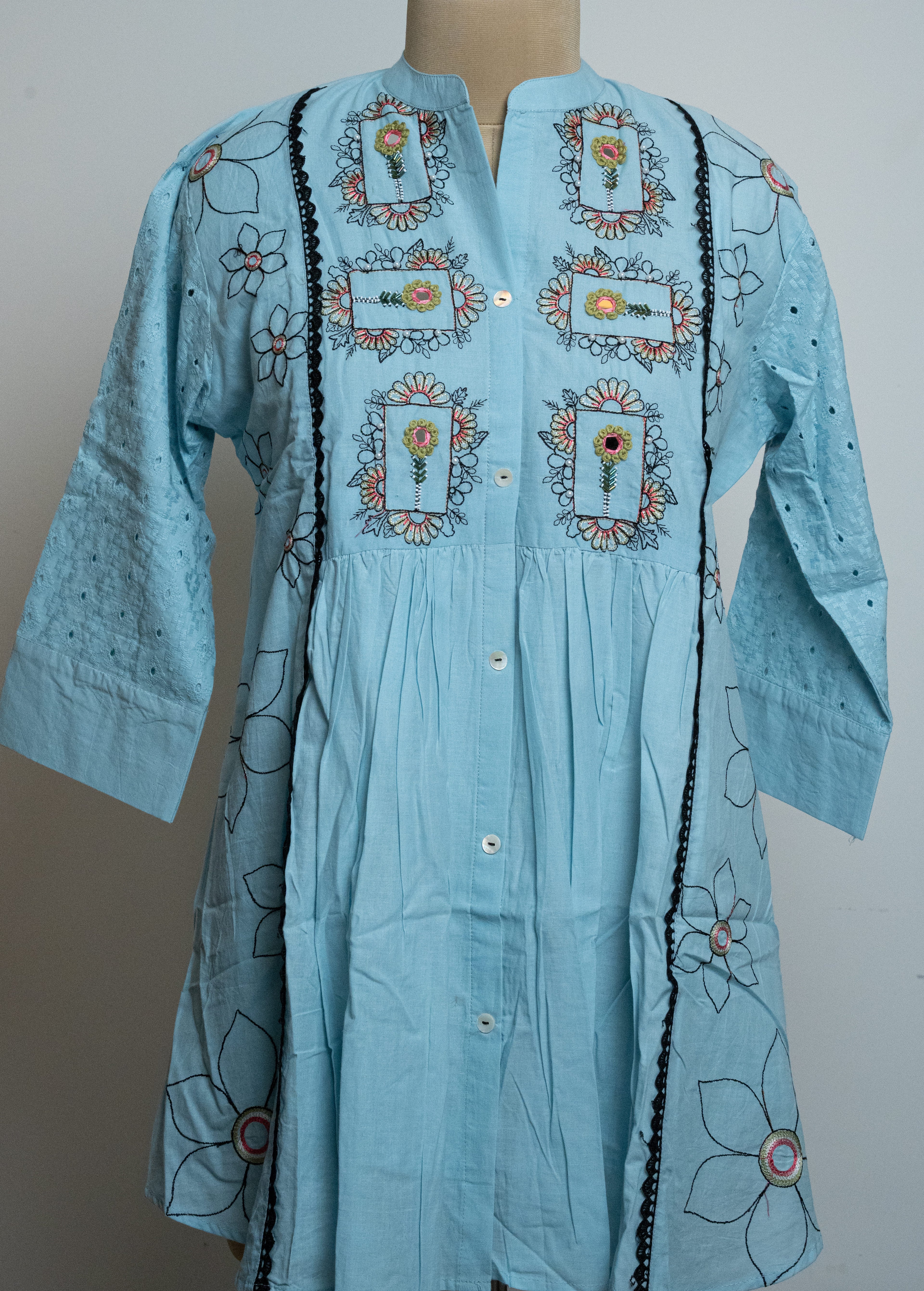 SKY BLUE EMBROIDERED WITH LACE WORK DETAILING CO-ORD SET