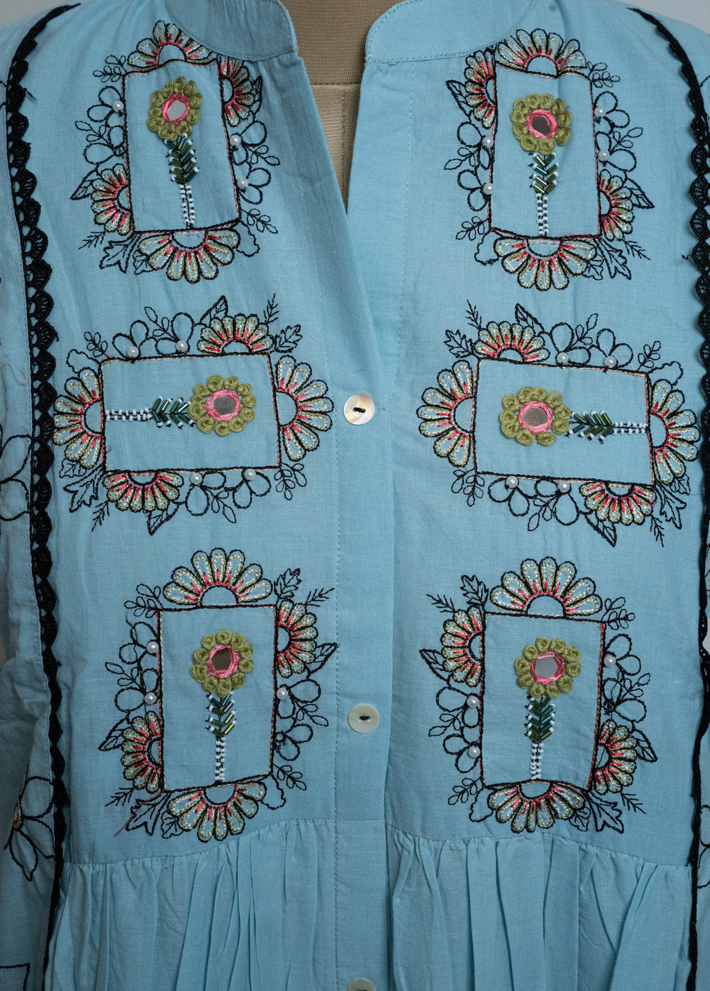 SKY BLUE EMBROIDERED WITH LACE WORK DETAILING CO-ORD SET
