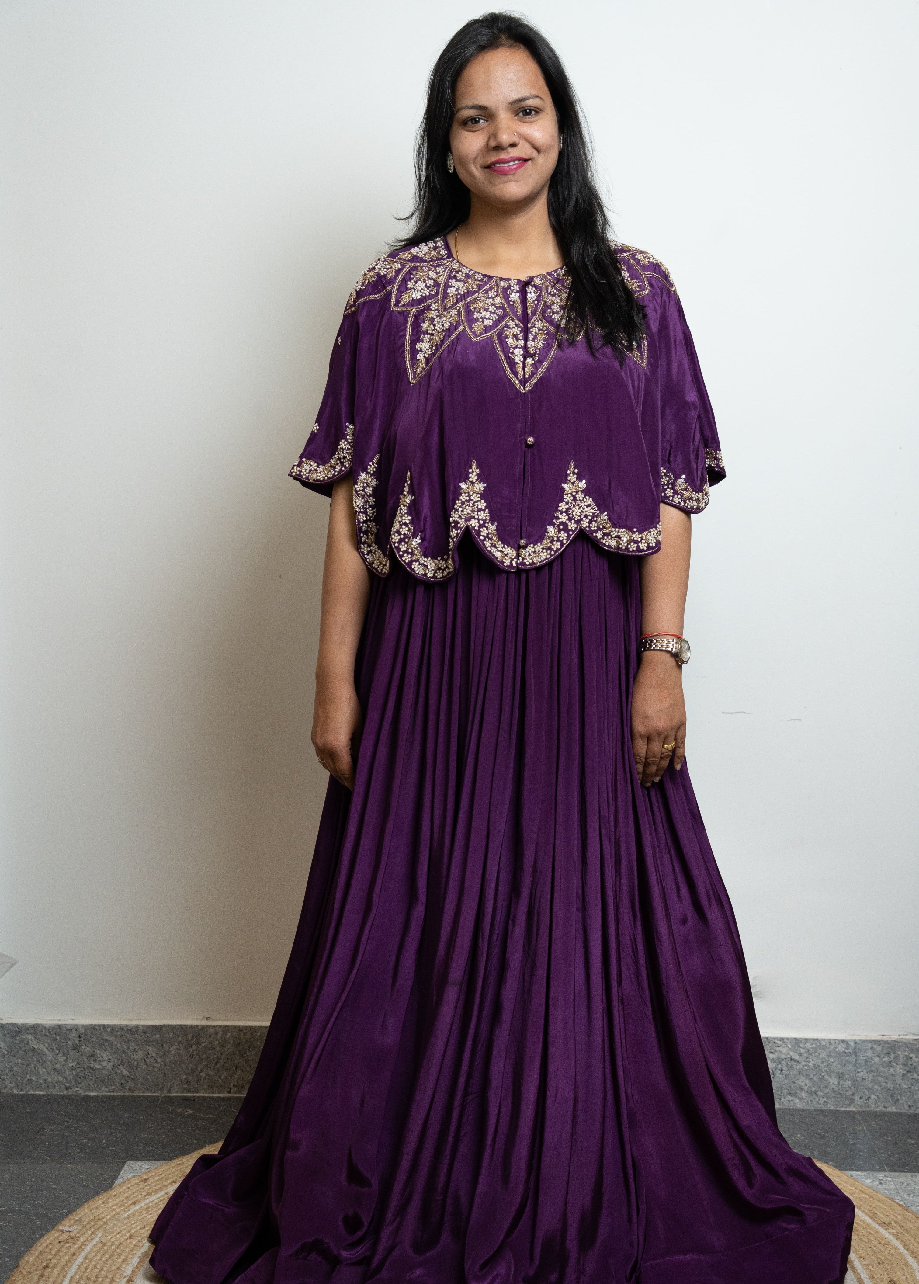 ROYAL PLUM EMBROIDERED CAPE GOWN WITH HEAVY DABKA WORK (DEEP PURPLE)