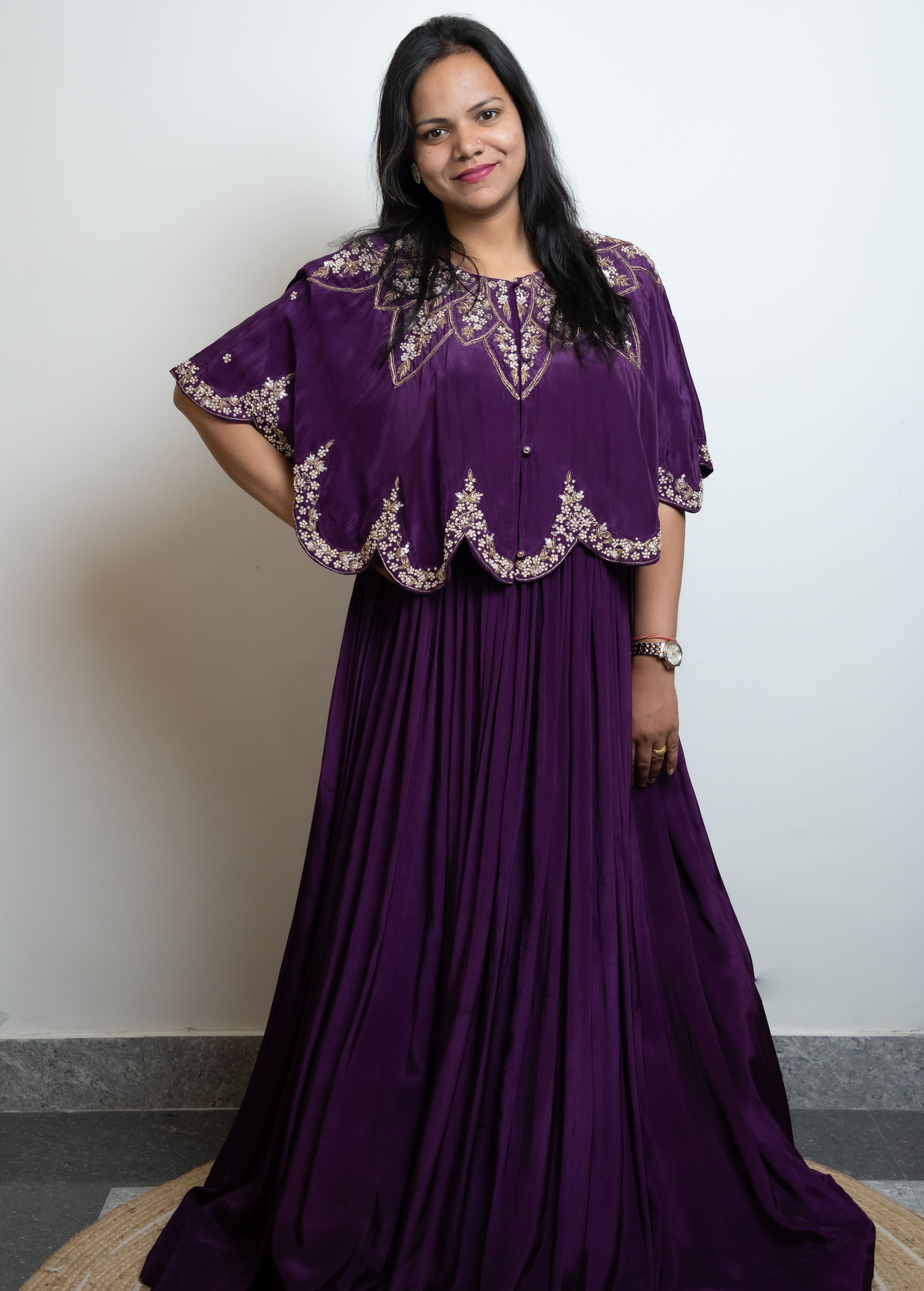ROYAL PLUM EMBROIDERED CAPE GOWN WITH HEAVY DABKA WORK (DEEP PURPLE)