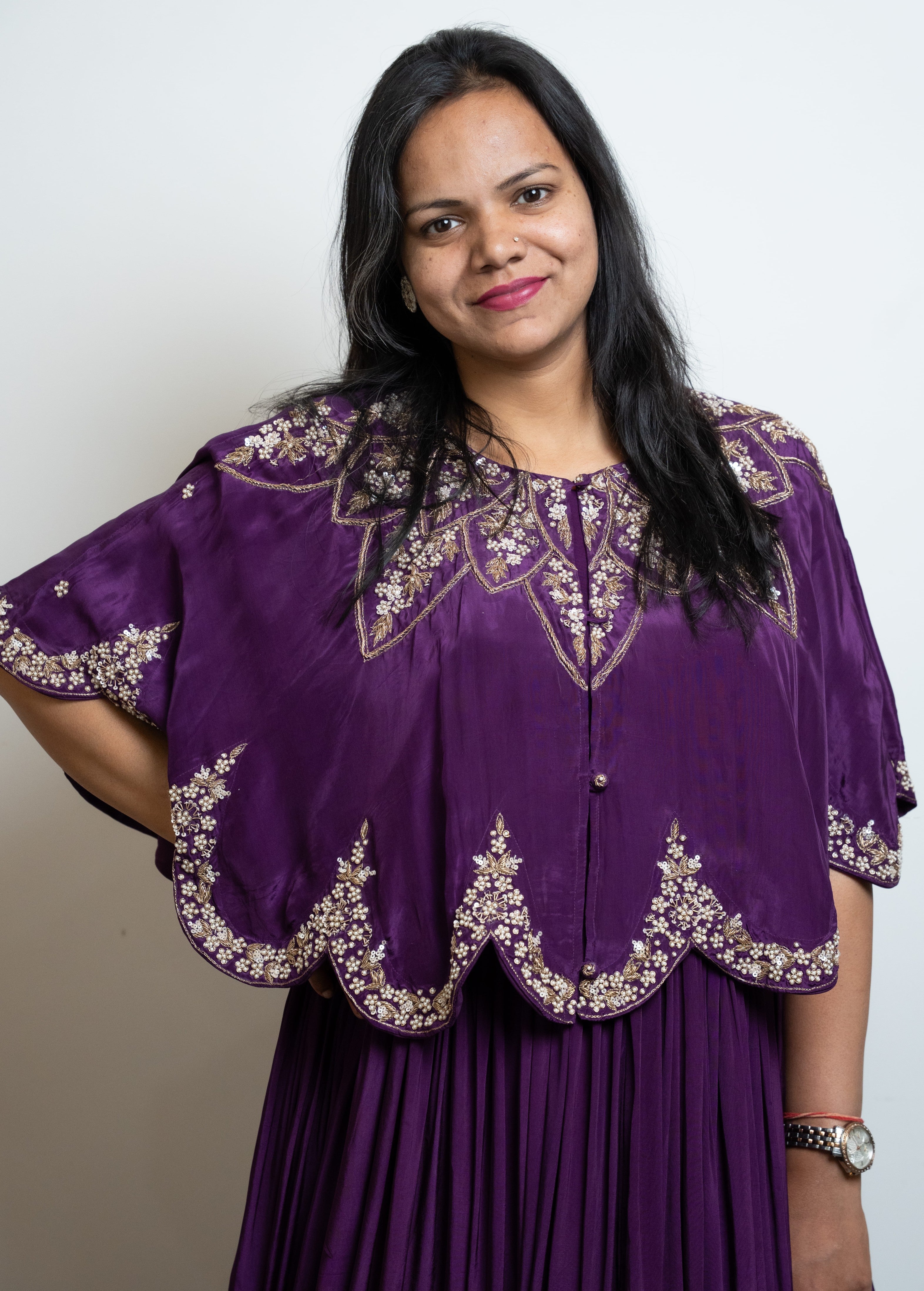 ROYAL PLUM EMBROIDERED CAPE GOWN WITH HEAVY DABKA WORK (DEEP PURPLE)