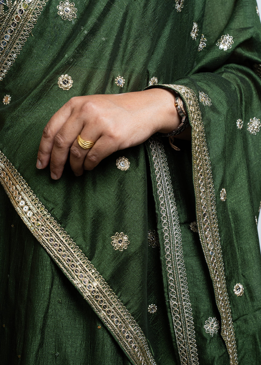 Mehendi Green Silk Pre-Draped Lehenga Saree Set with Gota Patti Blouse & Sequin Buti"