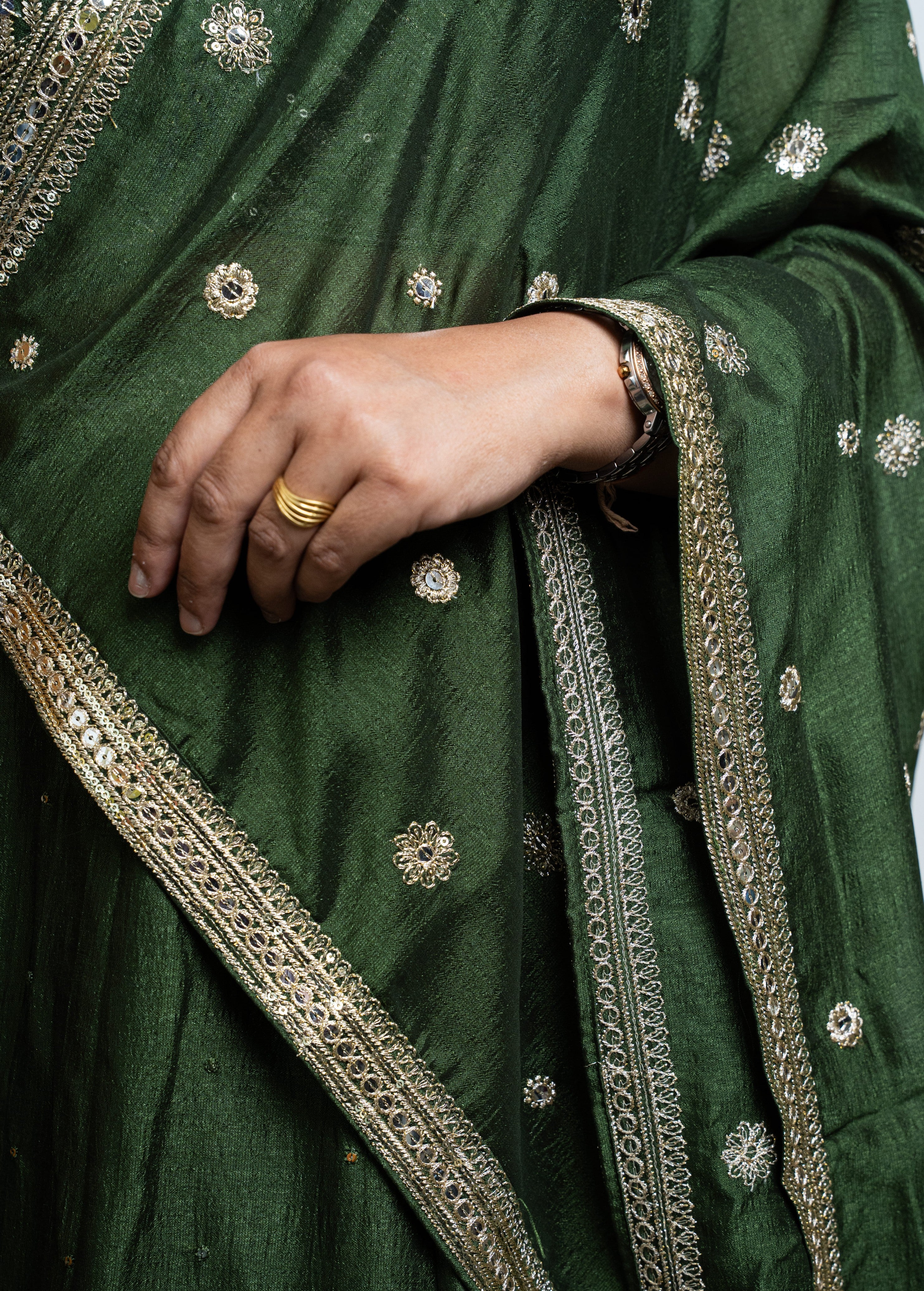 Mehendi Green Silk Pre-Draped Lehenga Saree Set with Gota Patti Blouse & Sequin Buti"
