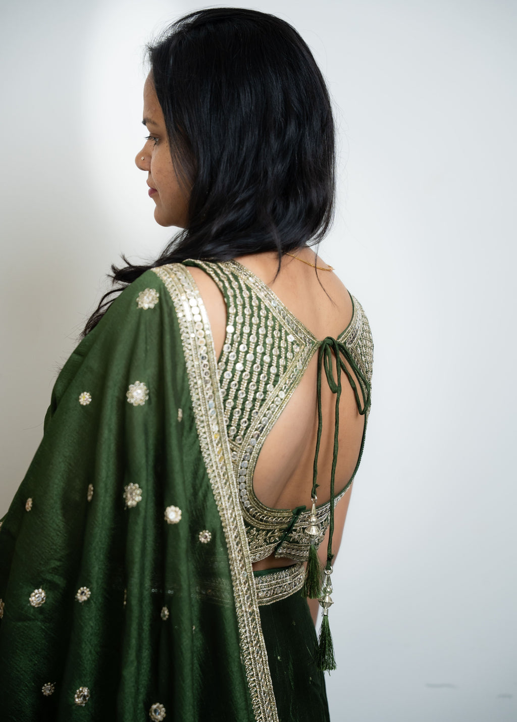 Mehendi Green Silk Pre-Draped Lehenga Saree Set with Gota Patti Blouse & Sequin Buti"