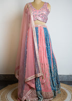Blush Pink & Steel Blue Pleated Mirror Work Lehenga Choli Set with Net Dupatta