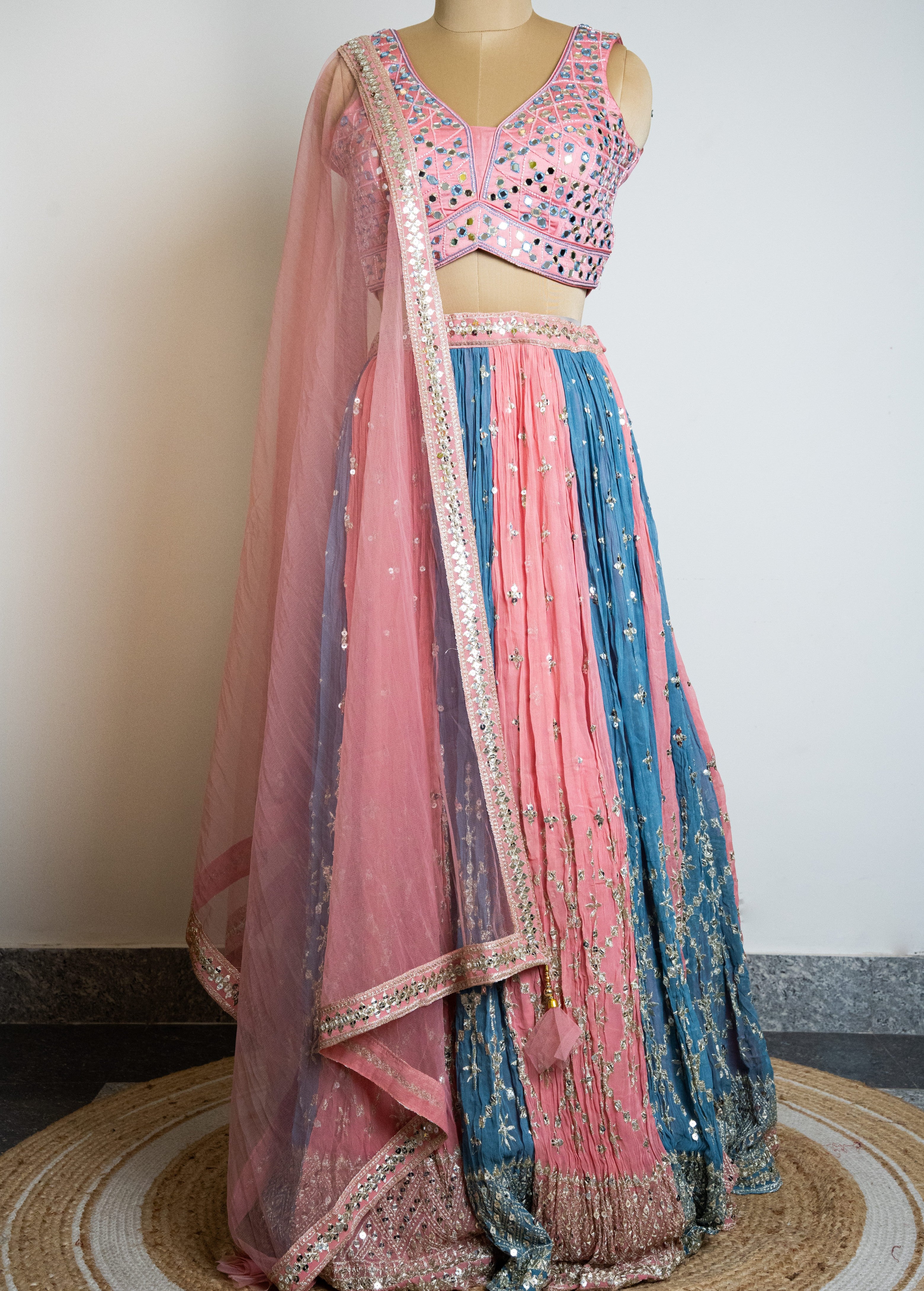Blush Pink & Steel Blue Pleated Mirror Work Lehenga Choli Set with Net Dupatta