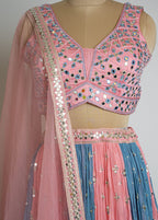 Blush Pink & Steel Blue Pleated Mirror Work Lehenga Choli Set with Net Dupatta
