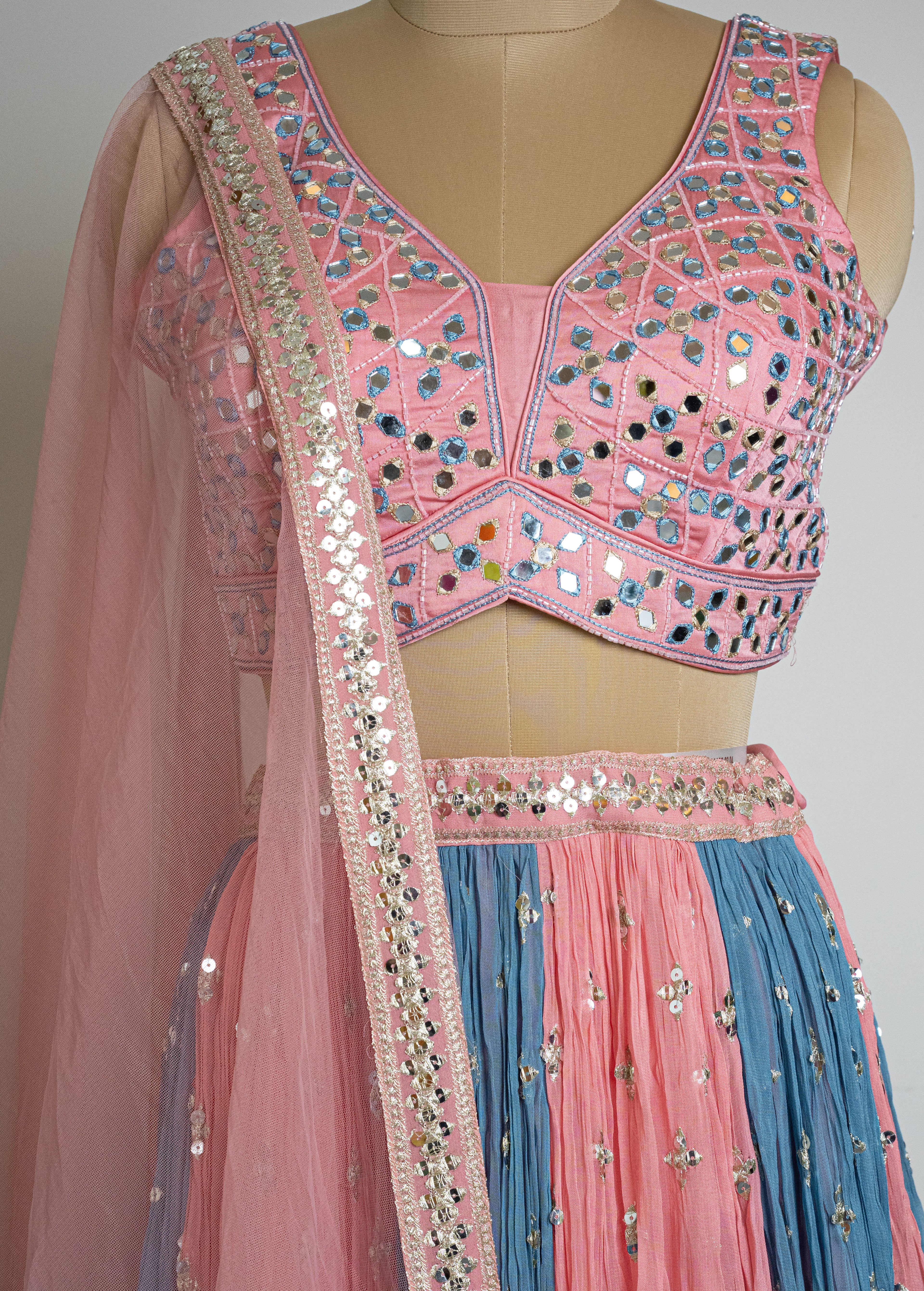 Blush Pink & Steel Blue Pleated Mirror Work Lehenga Choli Set with Net Dupatta