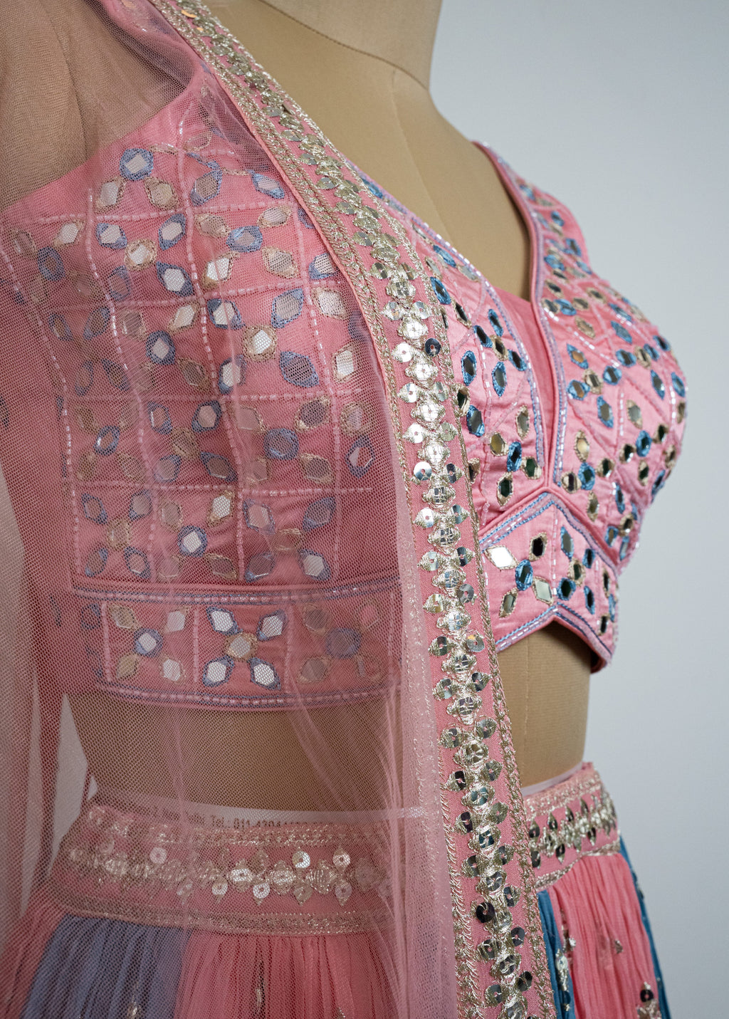 Blush Pink & Steel Blue Pleated Mirror Work Lehenga Choli Set with Net Dupatta
