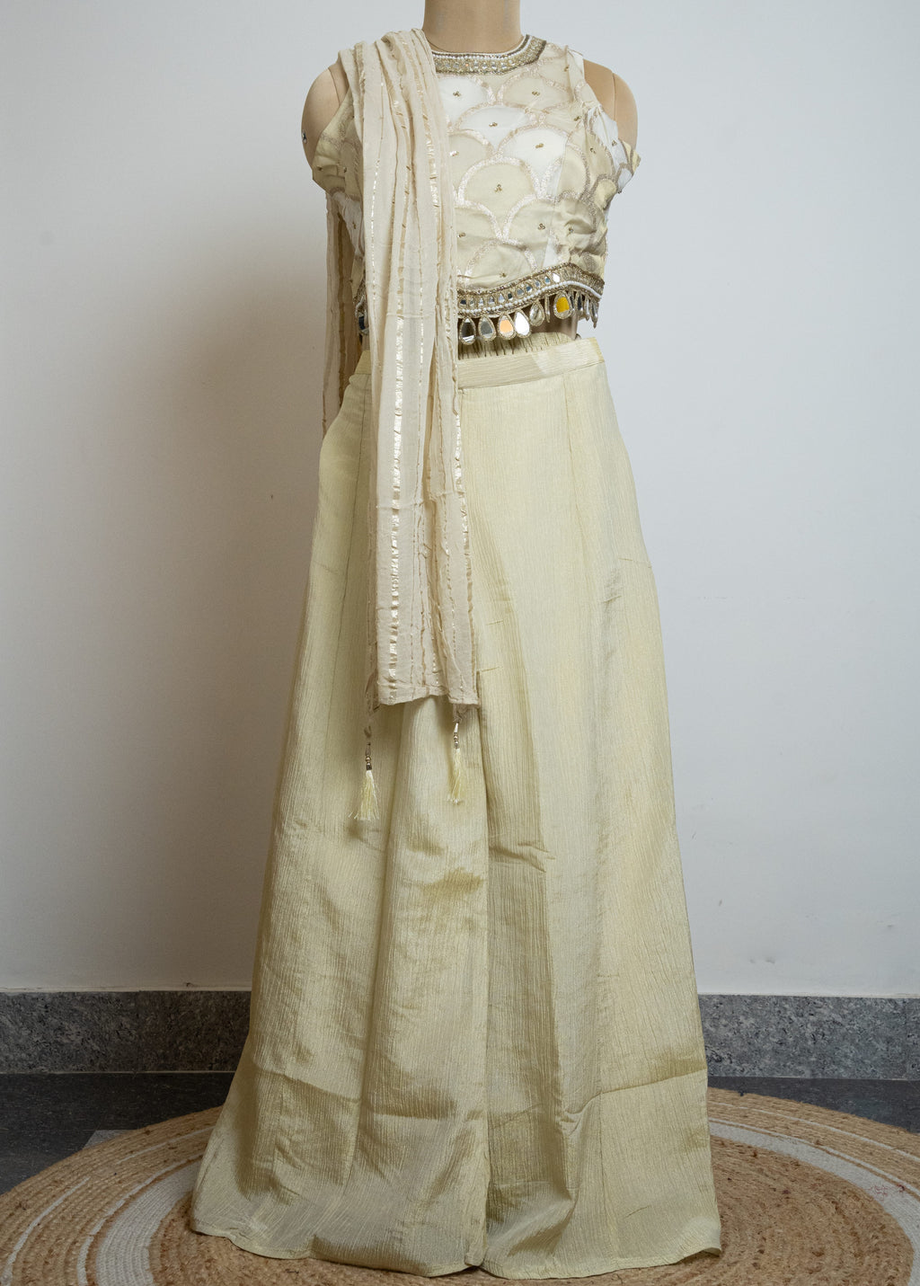 GOLDEN OFF WHITE  BROCADE EMBELLISHED MIRROR WORK TOP WITH PLAZZO SET