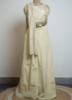 GOLDEN OFF WHITE  BROCADE EMBELLISHED MIRROR WORK TOP WITH PLAZZO SET