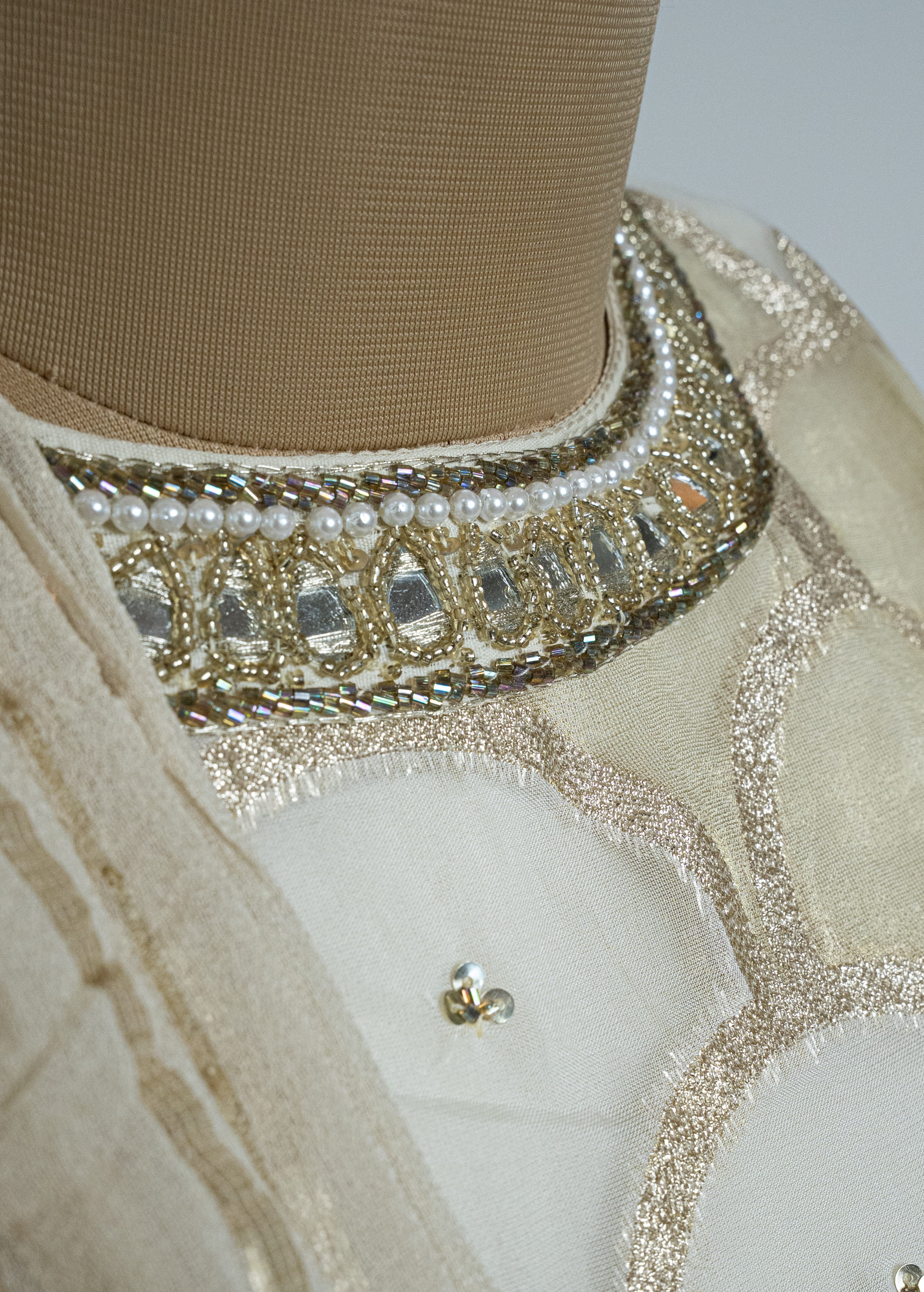 GOLDEN OFF WHITE  BROCADE EMBELLISHED MIRROR WORK TOP WITH PLAZZO SET