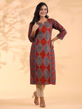 ETHNIC GEOMETRIC PRINTED NOTCHED NECK SEQUINNED COTTON STRAIGHT KURTA
