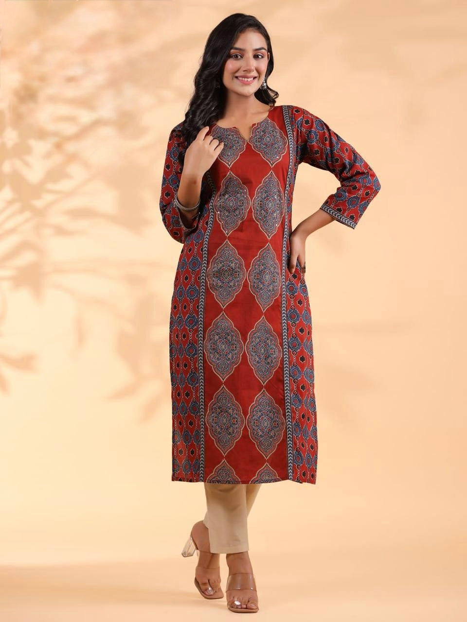 ETHNIC GEOMETRIC PRINTED NOTCHED NECK SEQUINNED COTTON STRAIGHT KURTA