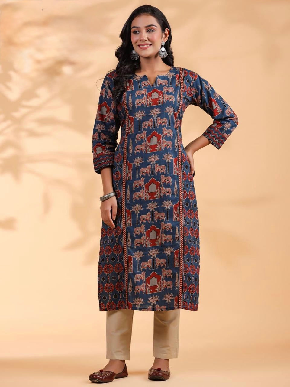 ETHNIC GEOMETRIC PRINTED NOTCHED NECK SEQUINNED COTTON STRAIGHT KURTA