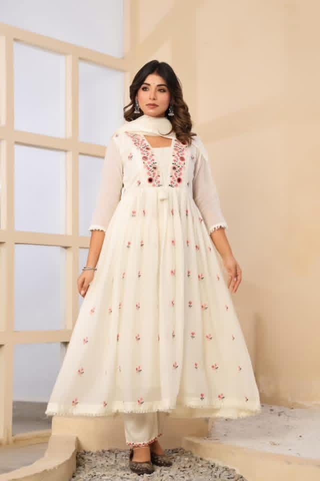 FLORAL EMBROIDERED THREAD WORK MULCOTTON ANARKALI WITH MIRROR WORK