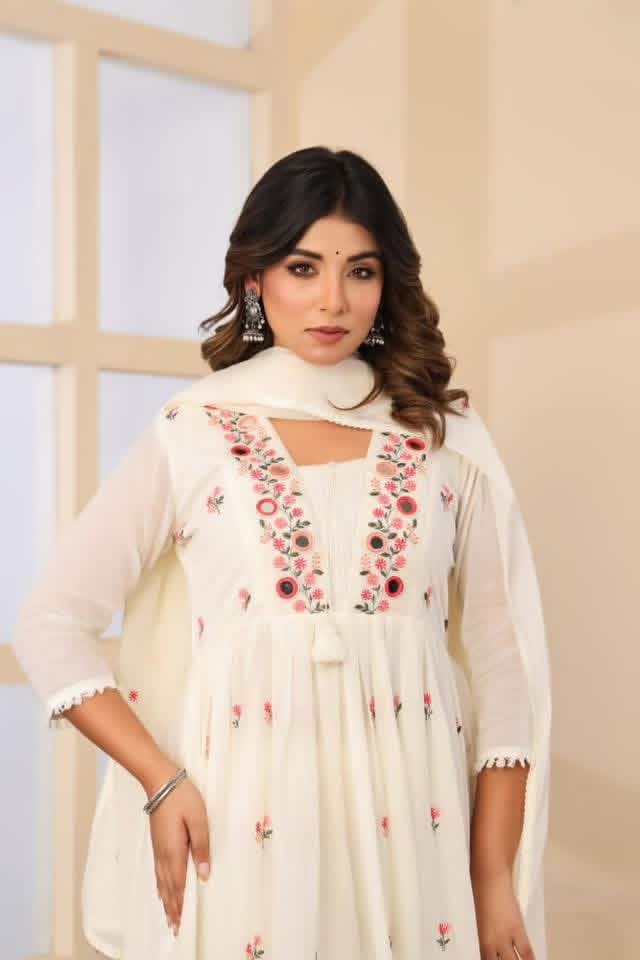 FLORAL EMBROIDERED THREAD WORK MULCOTTON ANARKALI WITH MIRROR WORK
