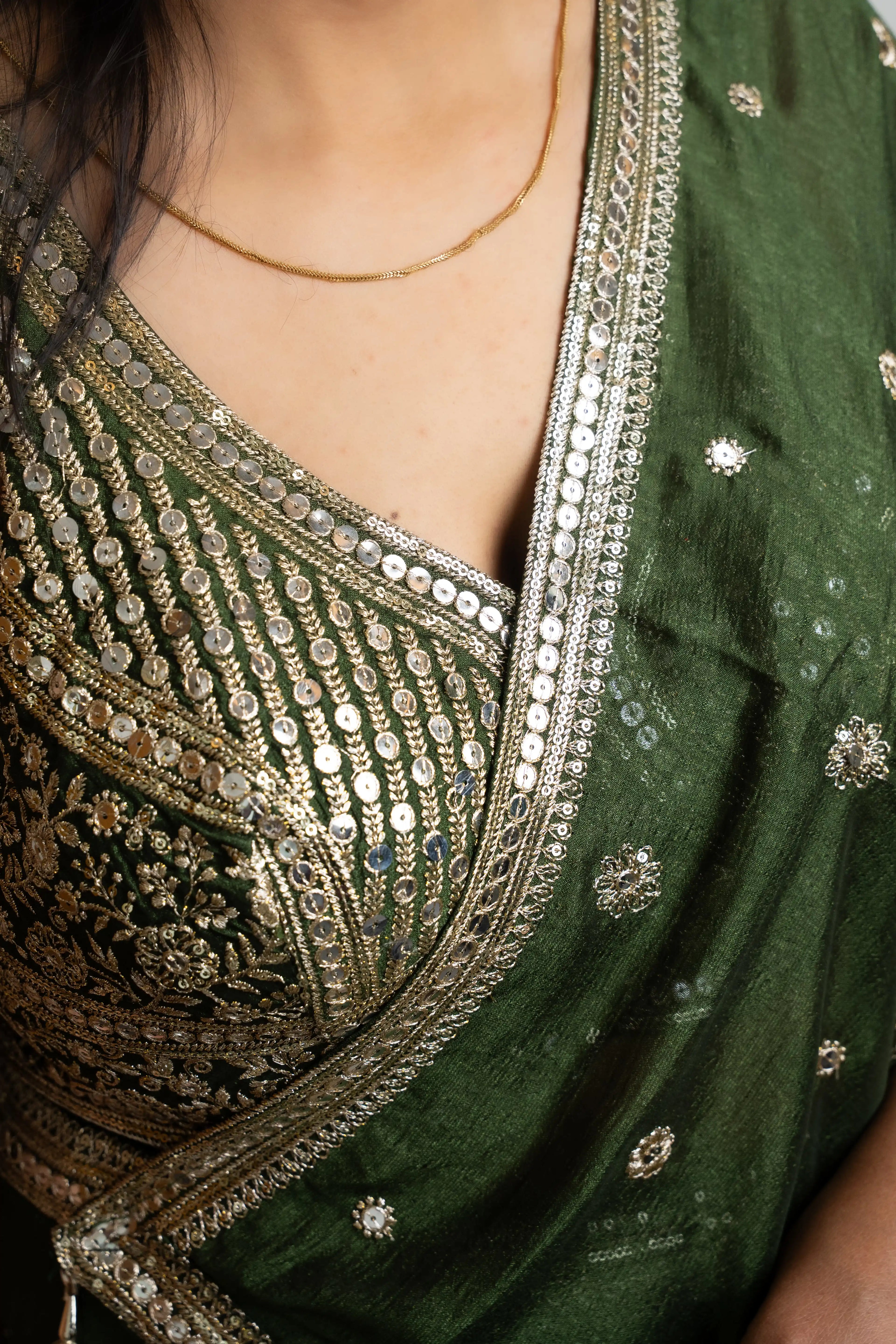 Mehendi Green Silk Pre-Draped Lehenga Saree Set with Gota Patti Blouse & Sequin Buti