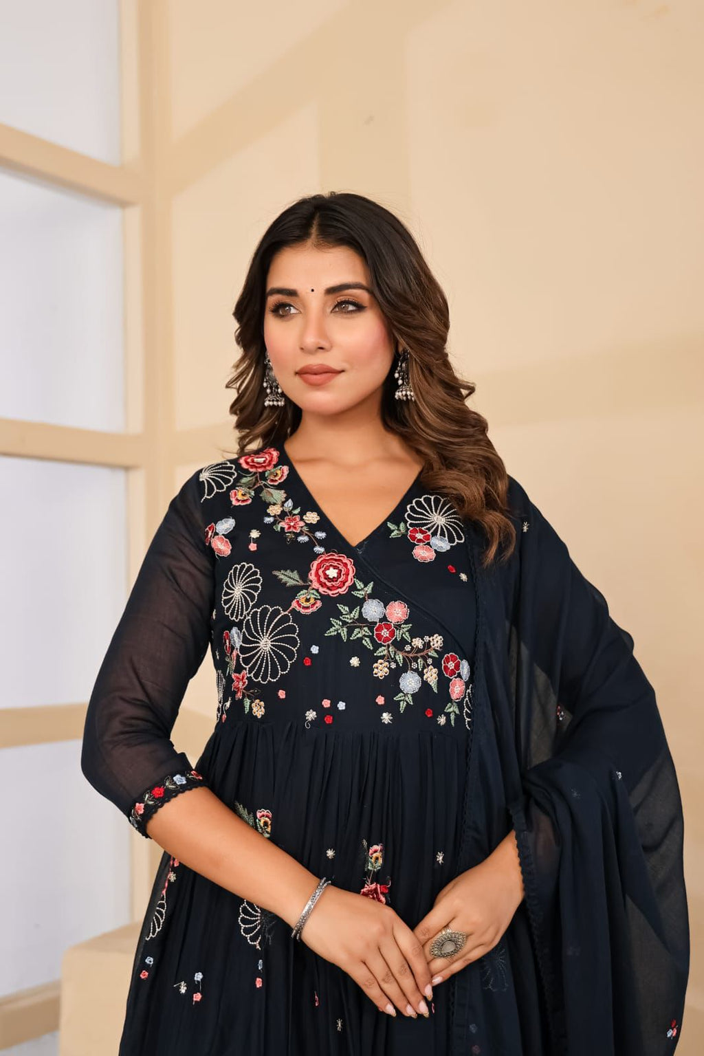 DARK BLUE FLORAL EMBROIDERED THREAD WORK MULCOTTON ANARKALI WITH ANGRAKHA PATTERN