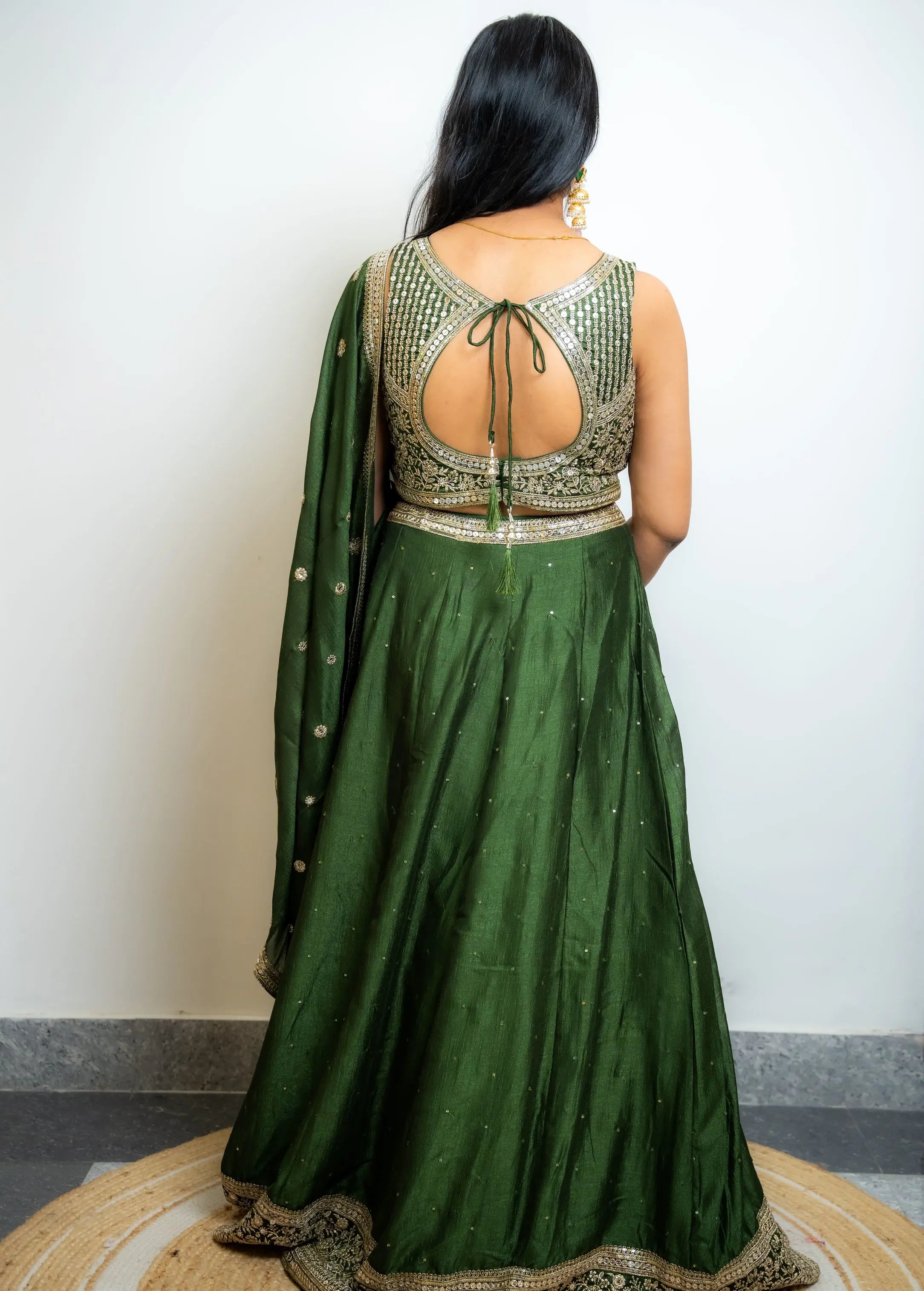 Mehendi Green Silk Pre-Draped Lehenga Saree Set with Gota Patti Blouse & Sequin Buti