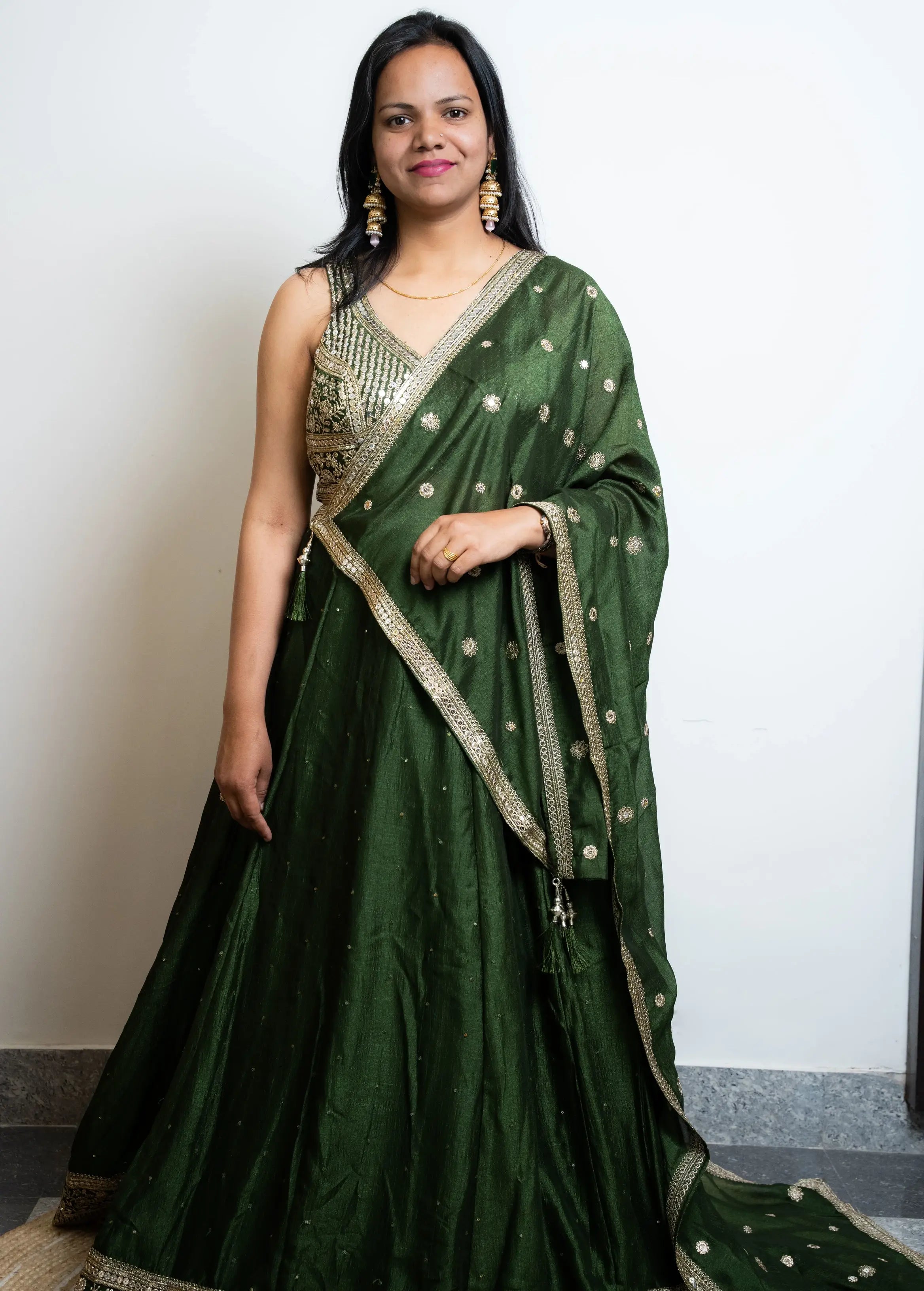 Mehendi Green Silk Pre-Draped Lehenga Saree Set with Gota Patti Blouse & Sequin Buti