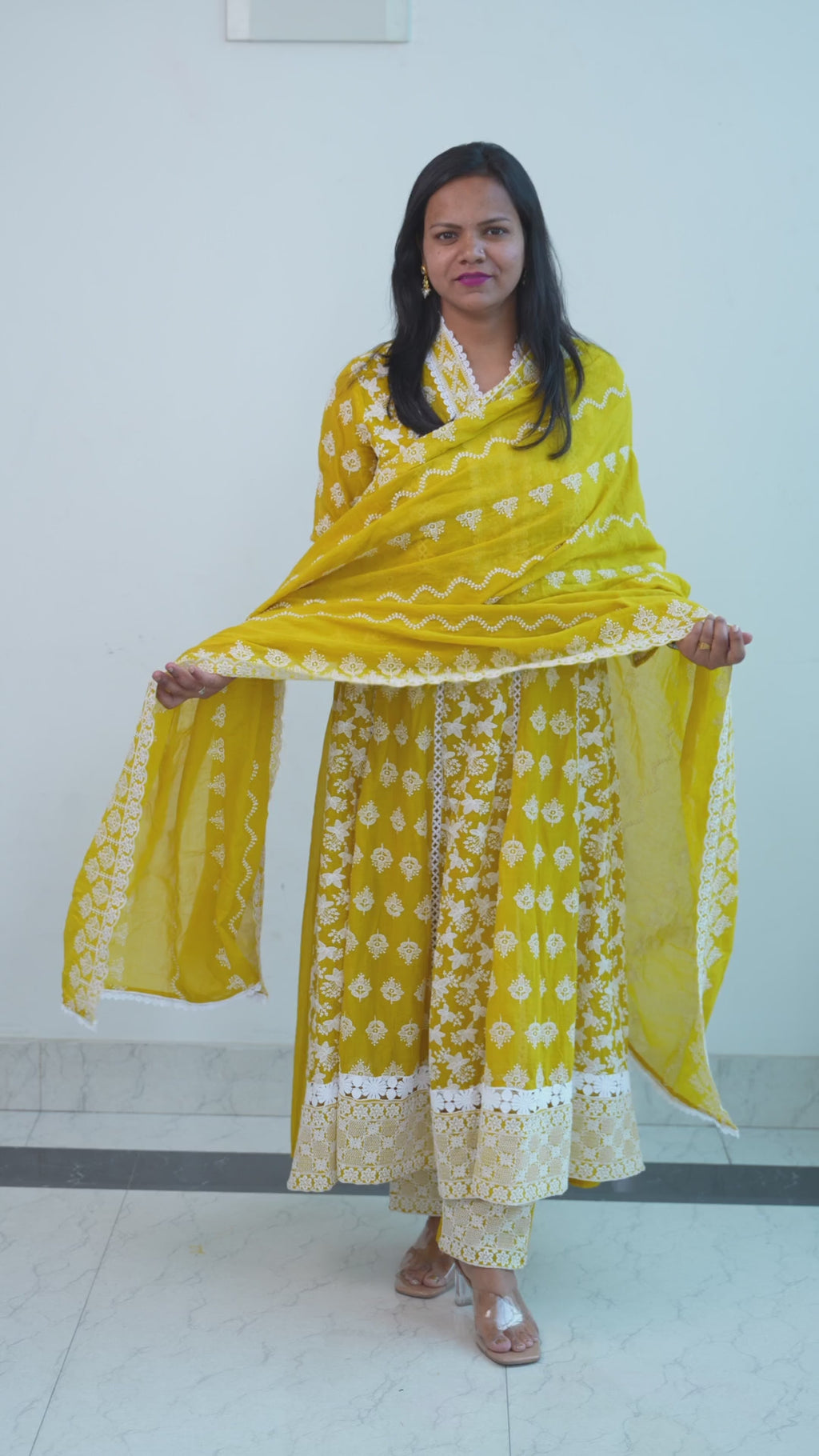 Yellow Anarkali Kurti for Women With Mirror Work, Yellow lace dress with white floral patterns