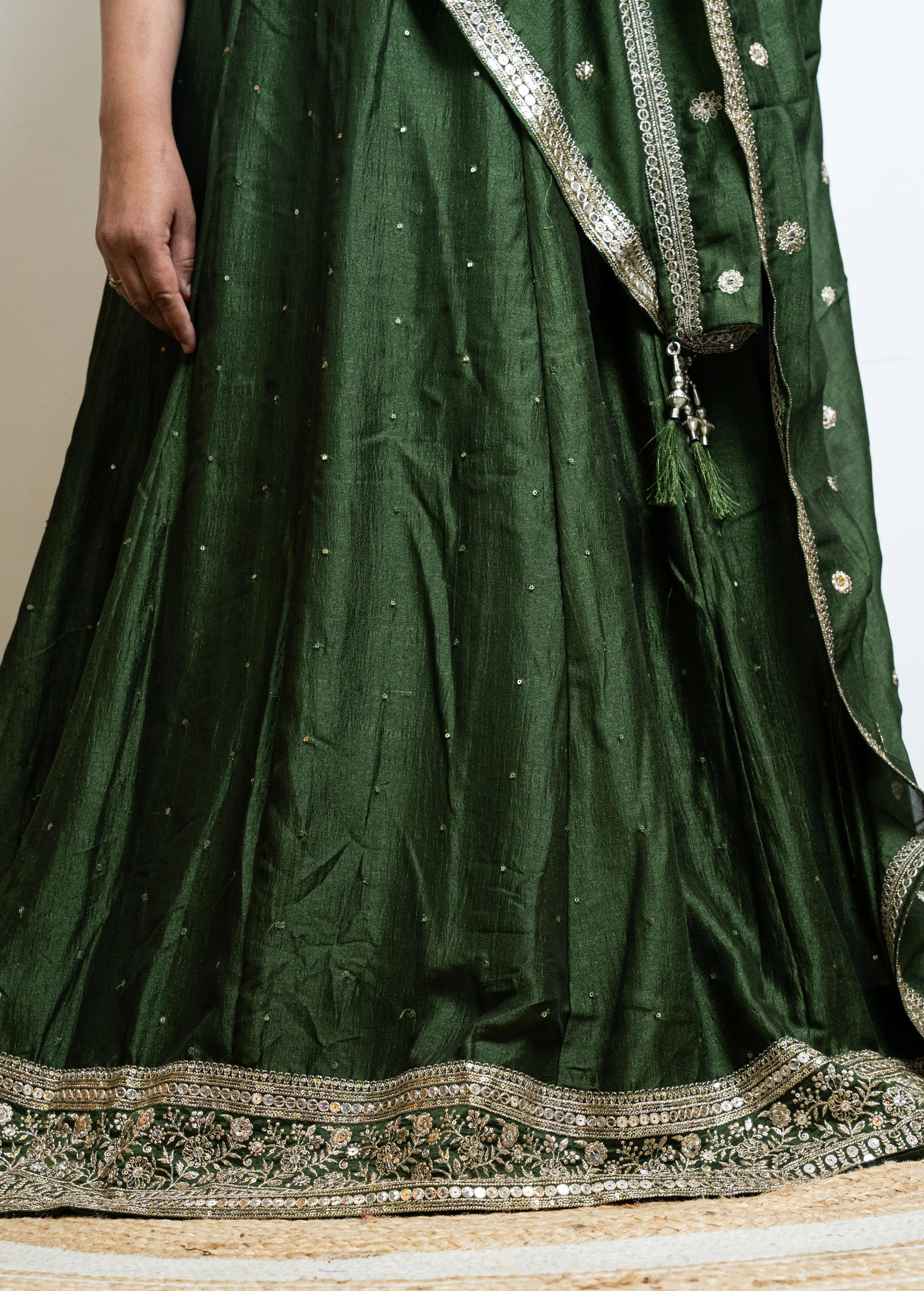 Mehendi Green Silk Pre-Draped Lehenga Saree Set with Gota Patti Blouse & Sequin Buti